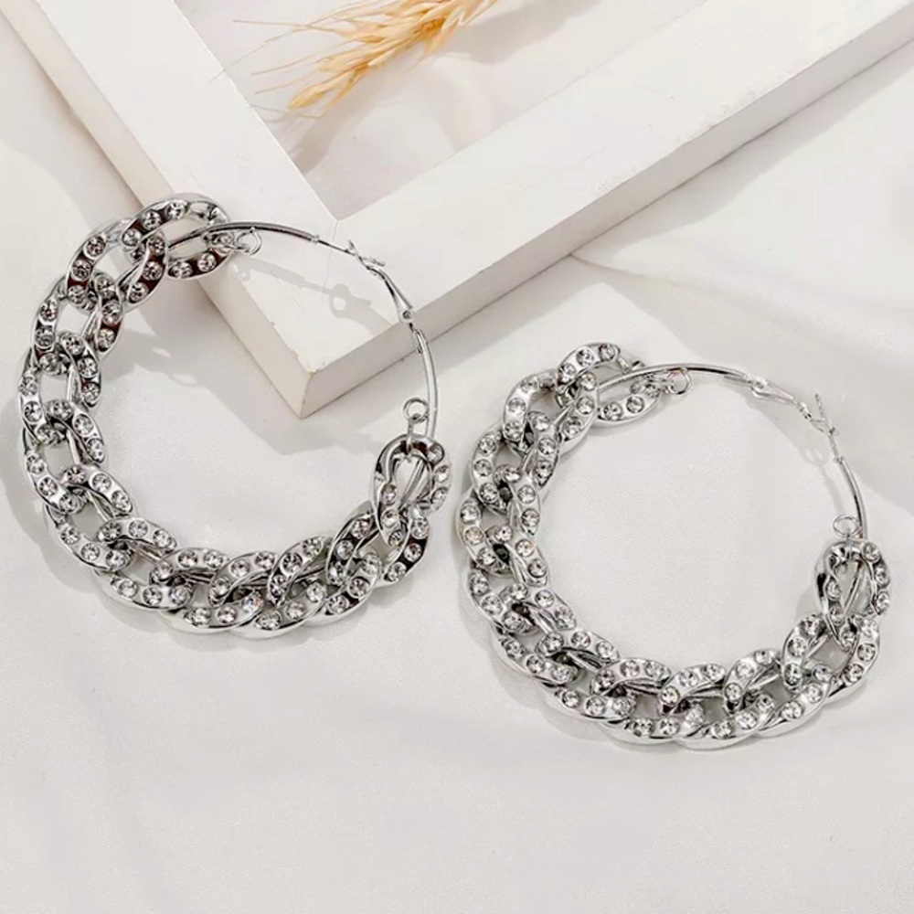 Big Silver Tone Rhinestone Hoop Earrings